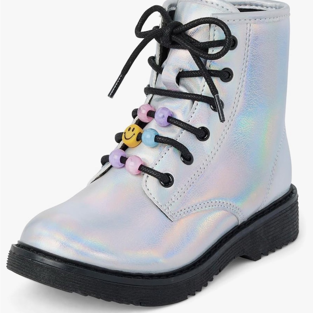 The Children's Place Girl's Lace Up Combat Boots in Metallic Silver Size 6